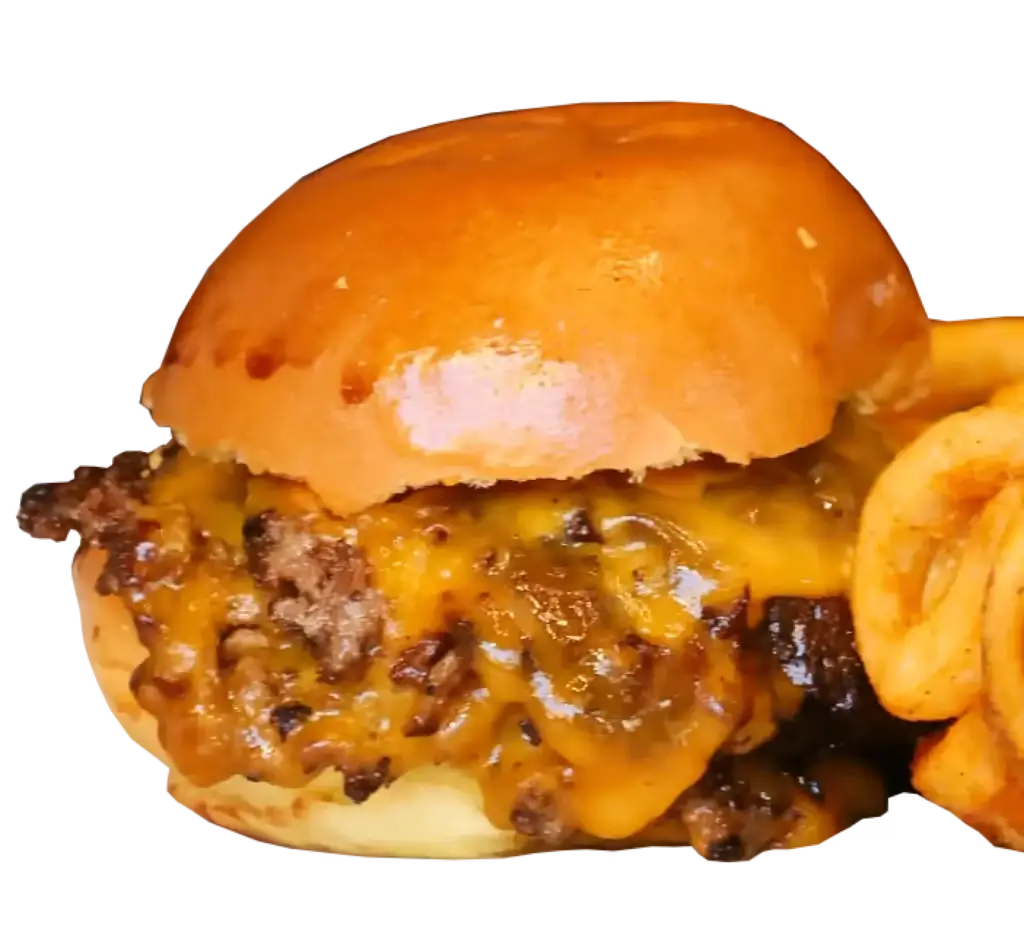 A Cheese, Smash Burger with Onion Rings from Black Burger, NYC, open till late.